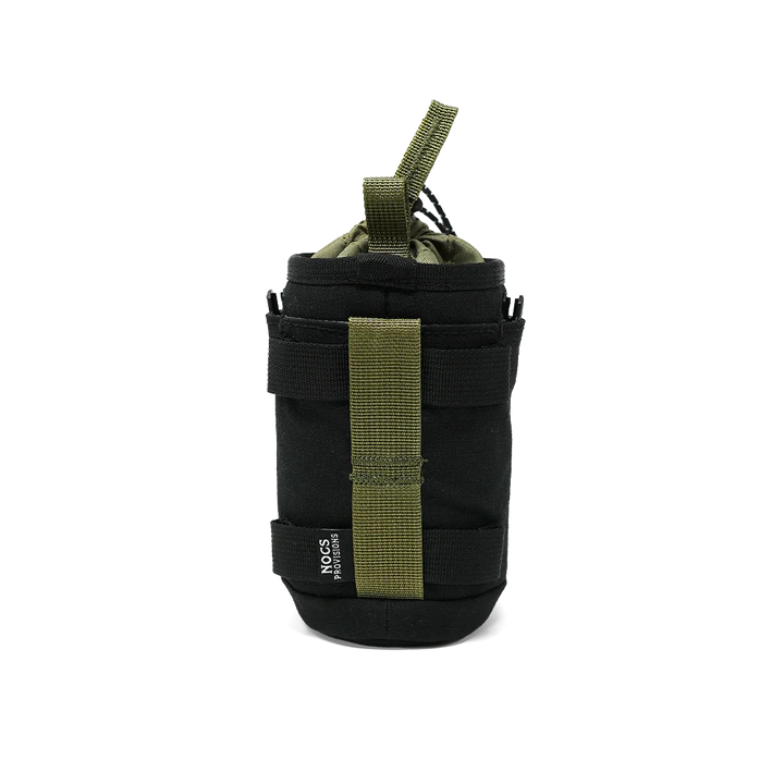 A black tactical pouch with olive green webbing straps and a matching top loop, shown against a plain white background.