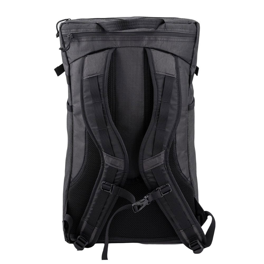 Black backpack shown from the back on a white background
