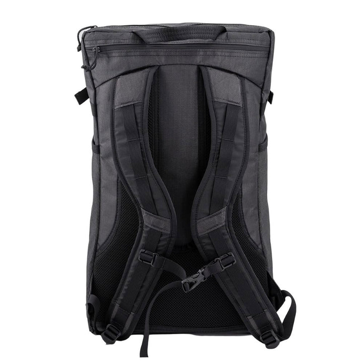 Black backpack shown from the back on a white background