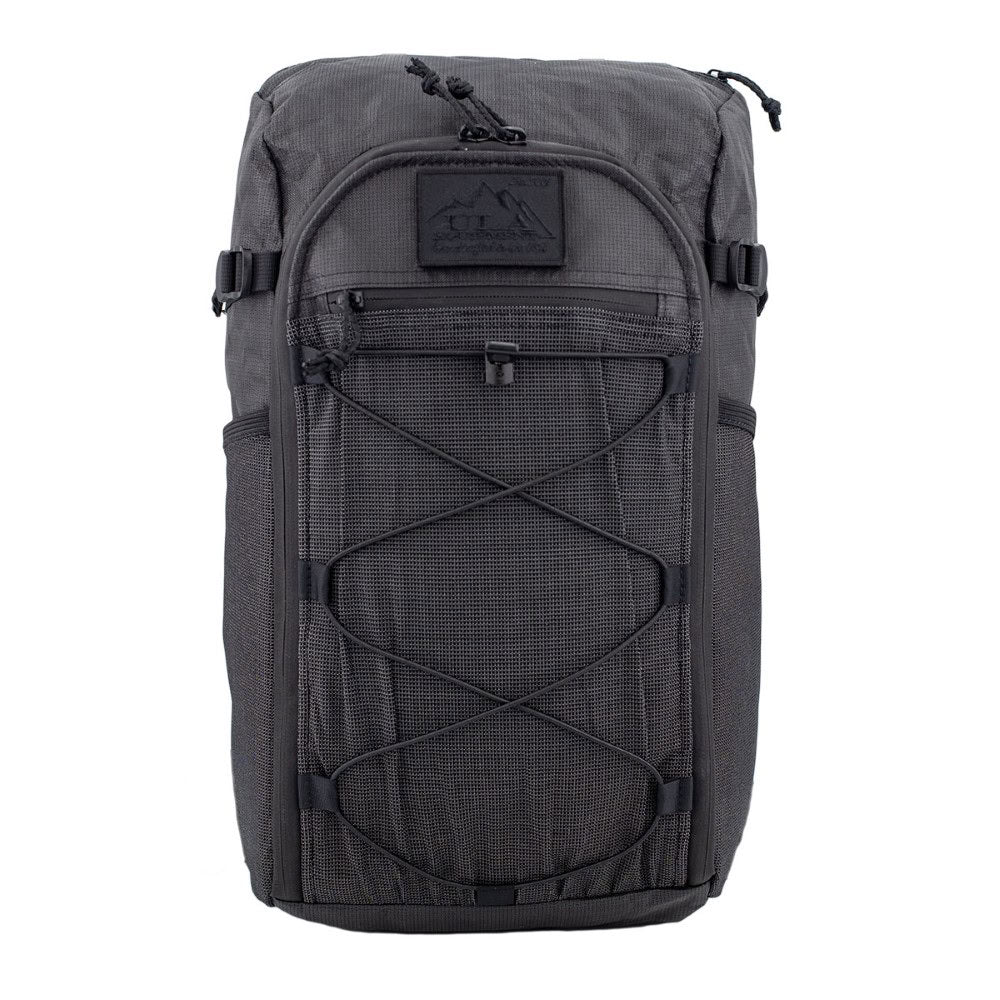 Gray backpack with a visible brand logo on a white background