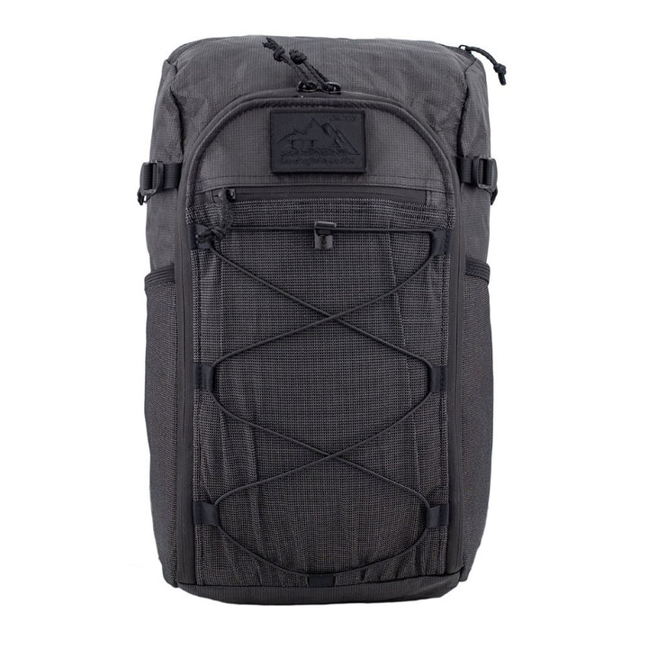 Gray backpack with a visible brand logo on a white background