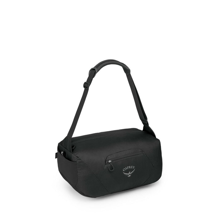 Black duffel on a white background. 