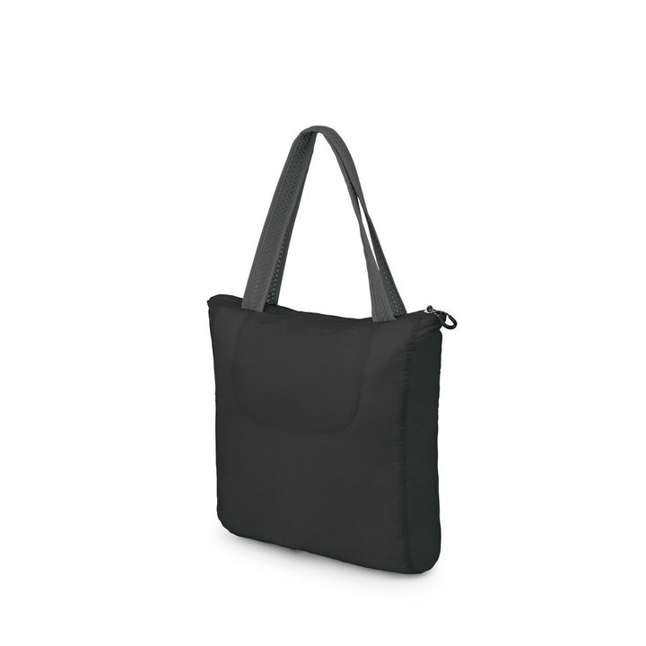 Black tote bag with a gray handle on a white background