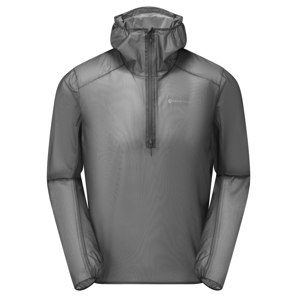 Gray rain jacket with a hood on a white background
