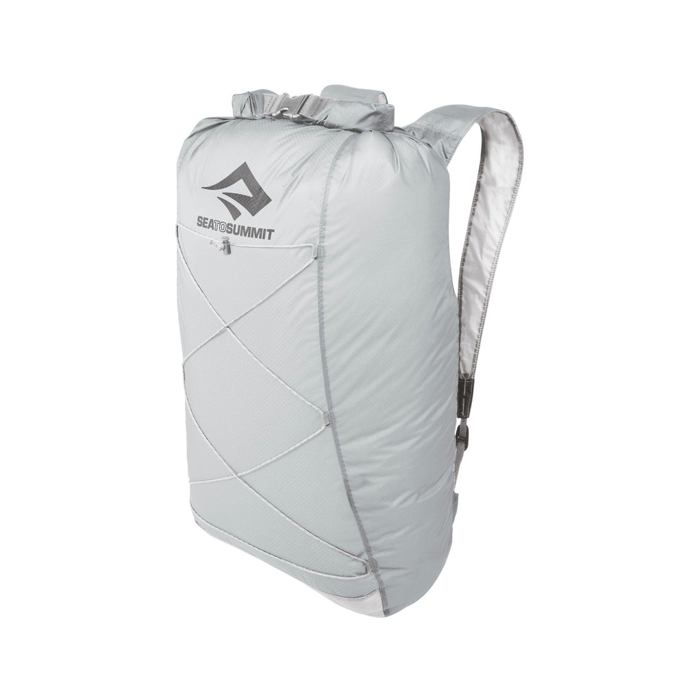 Grey roll top backpack on a white background