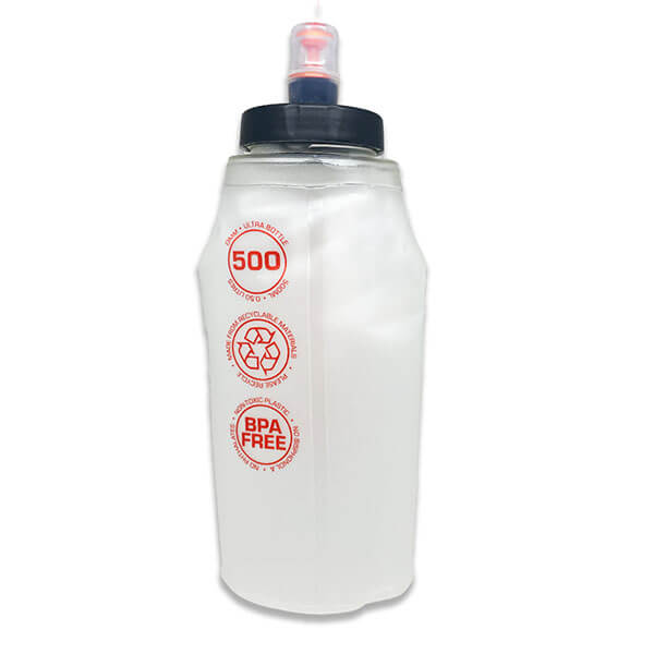 OMM Ultra Flexi Flask 500ml Bite Valve, back view showing the collapsed, low-profile shape