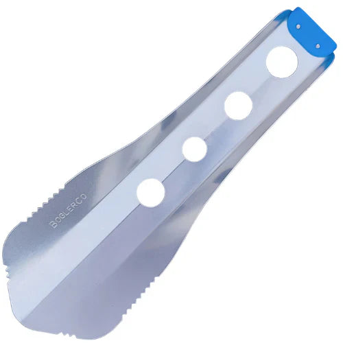 A metallic silver aluminium trowel  with four circular cutouts and a bright blue end cap, shown on a plain white background.