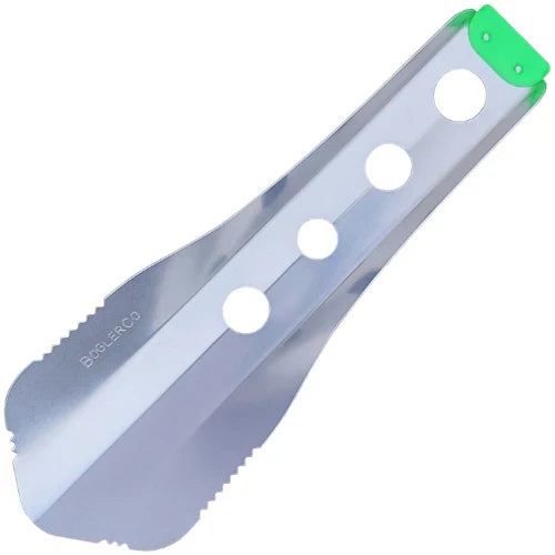 A metallic silver aluminium trowel  with four circular cutouts and a bright green end cap, shown on a plain white background.