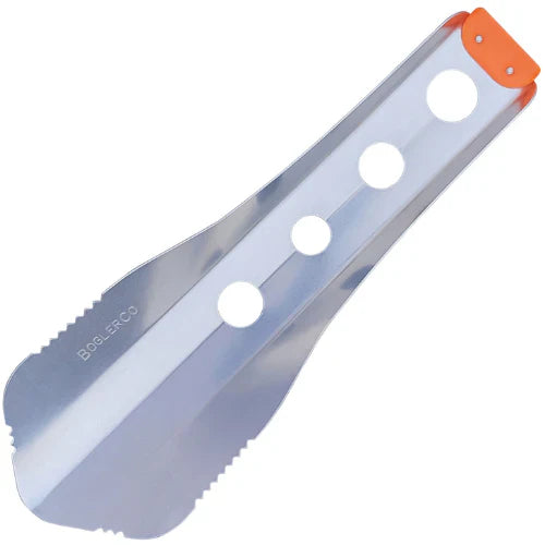 A metallic silver aluminium trowel  with four circular cutouts and a bright orange end cap, shown on a plain white background.