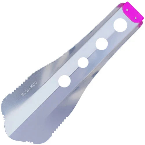 A metallic silver aluminium trowel  with four circular cutouts and a bright purple end cap, shown on a plain white background.