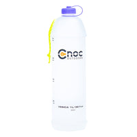 A collapsible, clear plastic water bottle with a purple cap and yellow pull cord, branded with 'Cnoc outdoors' on the side.