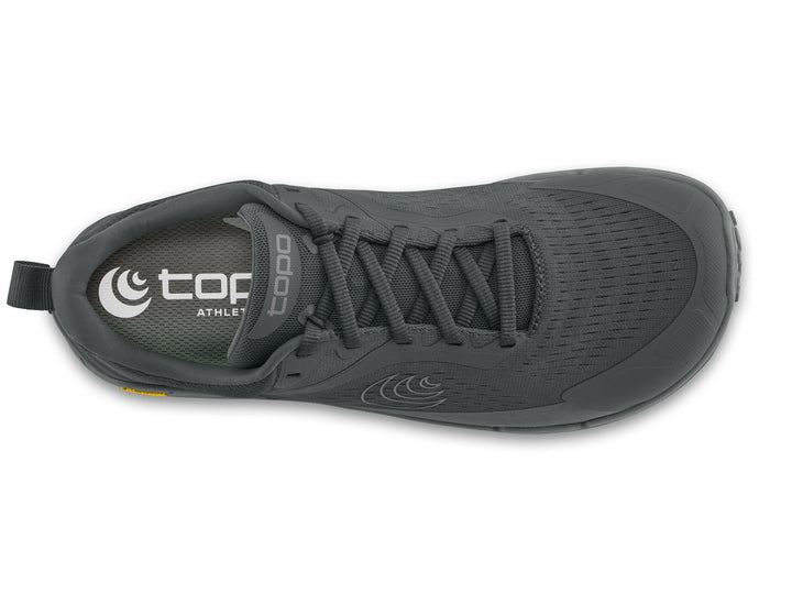 Grey athletic shoe with Topo Athletic logo on a white background