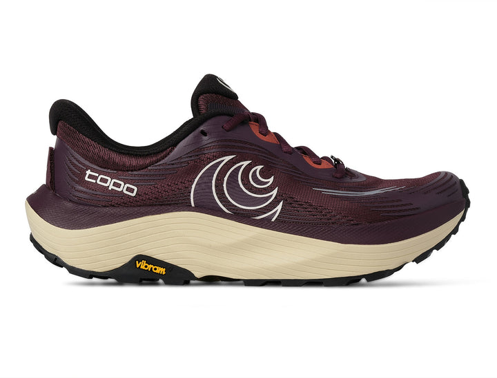 Maroon running shoe with beige sole on a white background