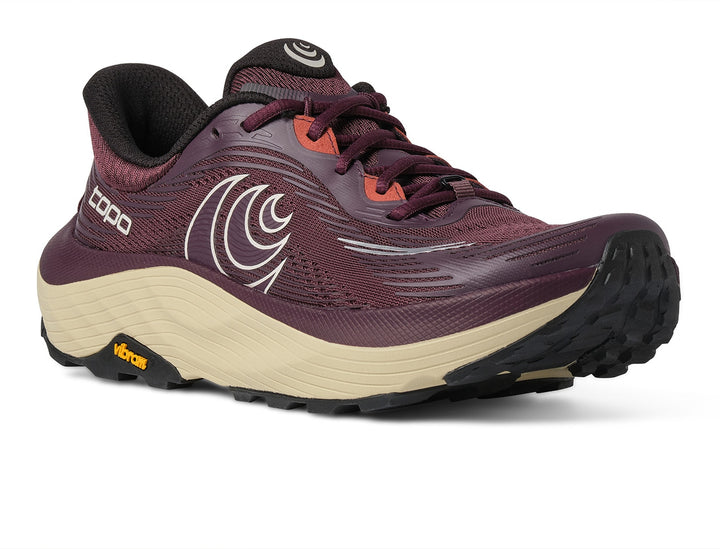 Maroon running shoe with beige sole on a white background