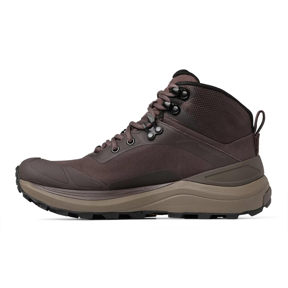 A single mid-cut hiking boot in dark brown and taupe, shown in a side profile on a clean white background.