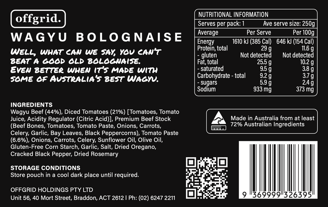 Offgrid Wagyu Bolognaise Heat & Eat Meal