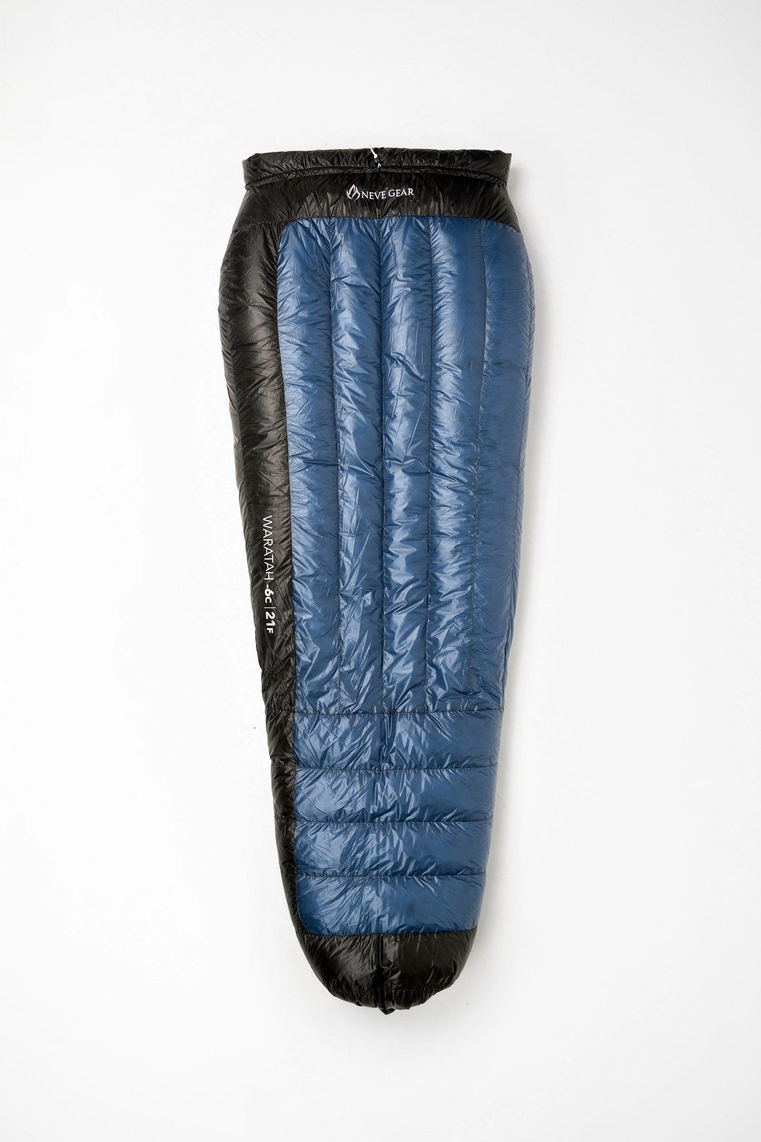 Blue sleeping quilt with black edges and neve gear branding. 