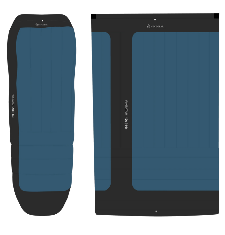 Two flat product mockups on a white background: a long narrow item on the left and a larger rectangular item on the right, both with dark charcoal/black borders and muted blue center panels.
