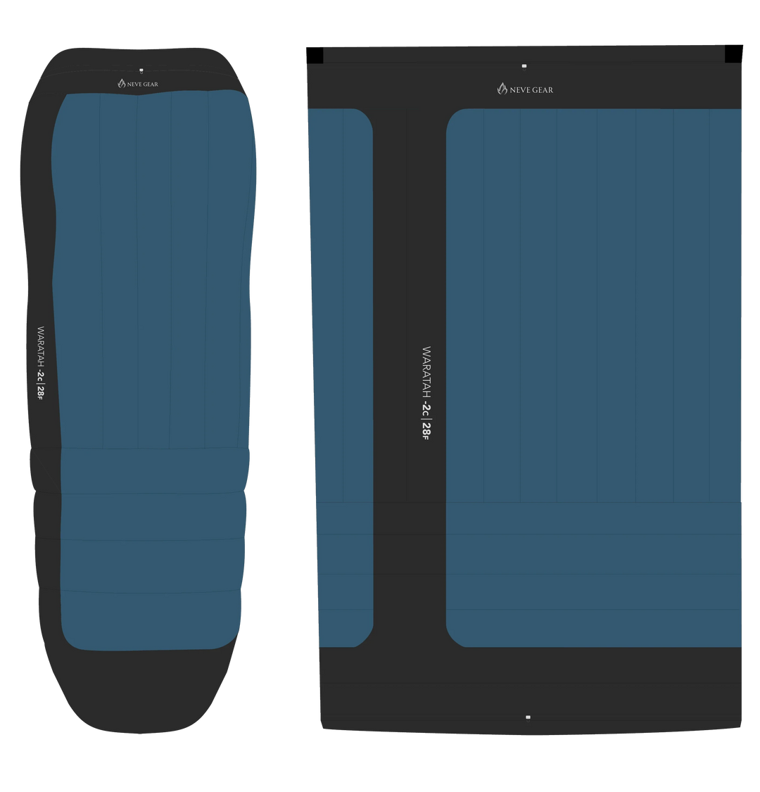Two flat product mockups on a white background: a long narrow item on the left and a larger rectangular item on the right, both with dark charcoal/black borders and muted blue center panels. 