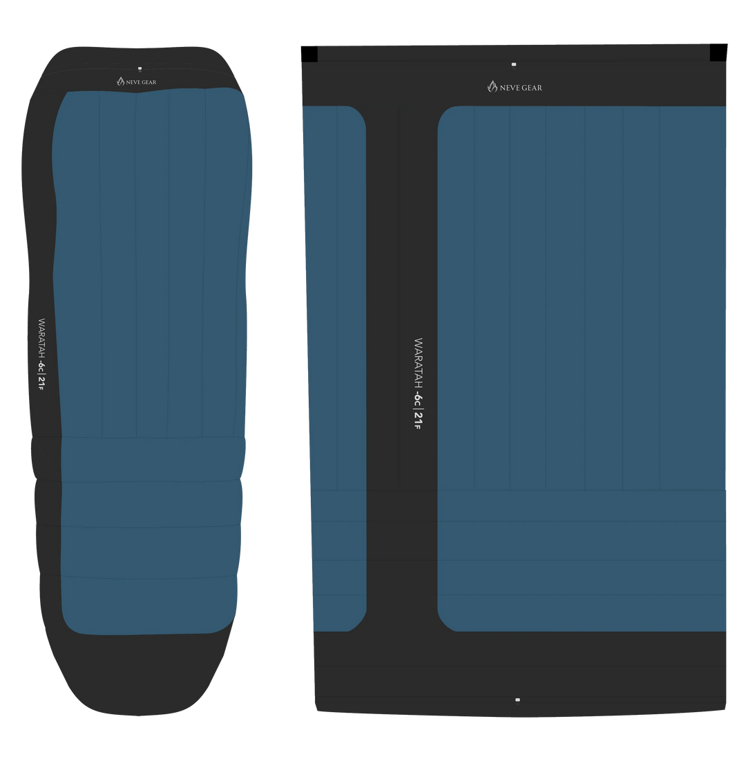 Two flat product views of a sleeping pad on a white background. The pad design is dark blue with black borders and small white brand text reading Neve Gear&
