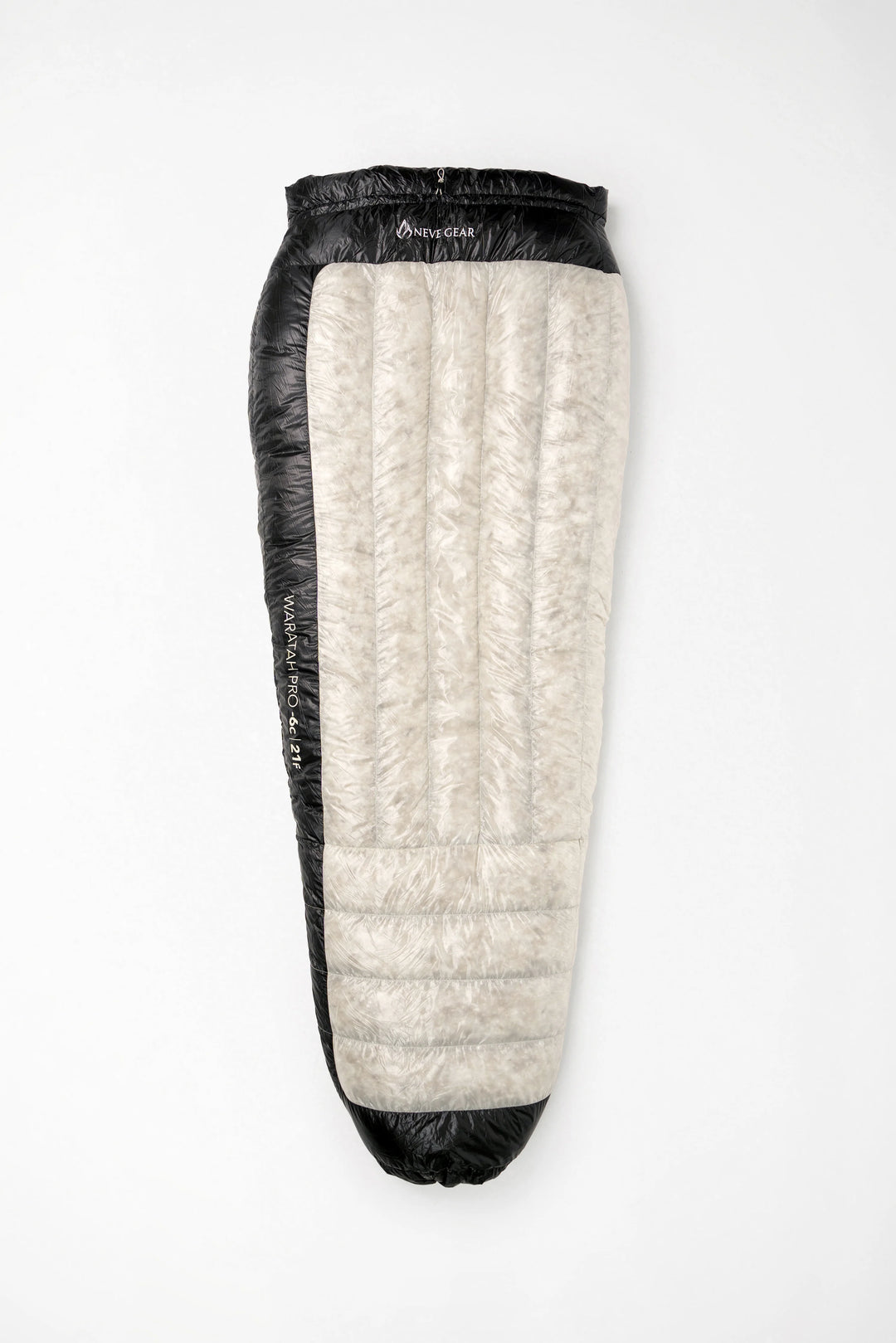 A technical insulated sleeping bag shown flat against a clean white background. The sleeping bag features a black outer shell with a textured white center, black foot flap, and black top cuff.