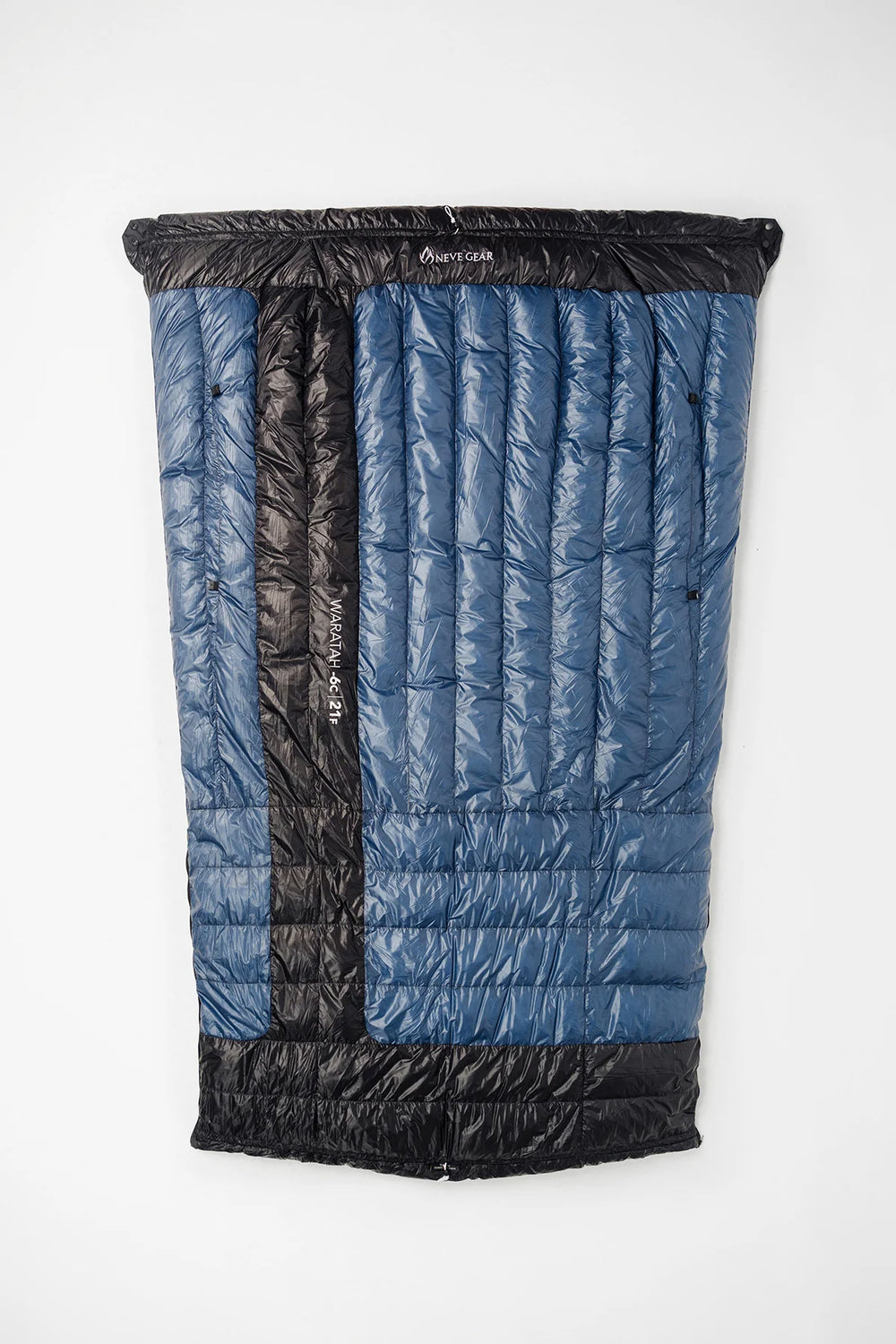 Blue sleeping quilt opened up with black edges and neve gear branding. 