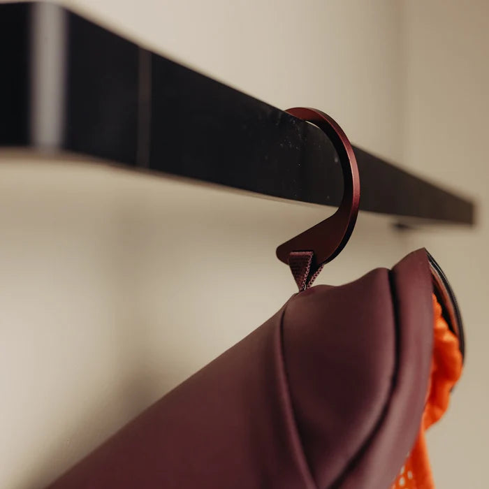 Close-up of a brown  toiletry bag with a blurred background