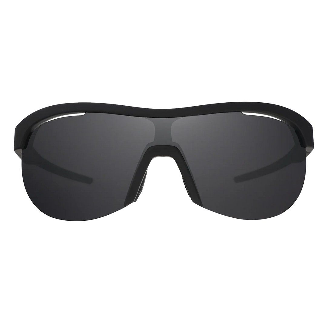 Black sunglasses with dark lenses on a white background