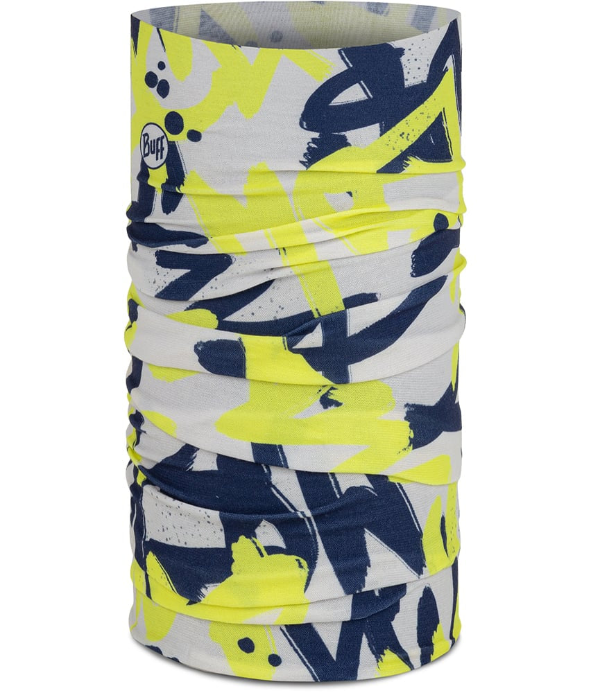 A tubular Buff neck gaiter featuring an abstract graffiti-style print in neon yellow, navy blue, and white, shown on a clean white background.