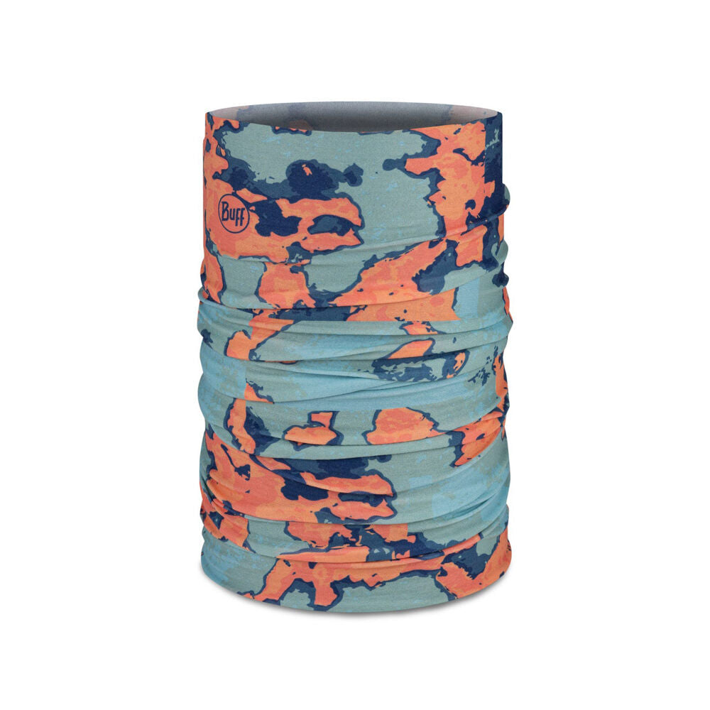 Multicolored camouflage neck gaiter on a white background