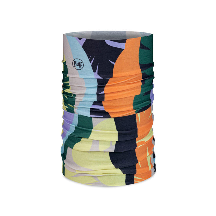 Colorful patterned neck gaiter with Buff logo on a white background