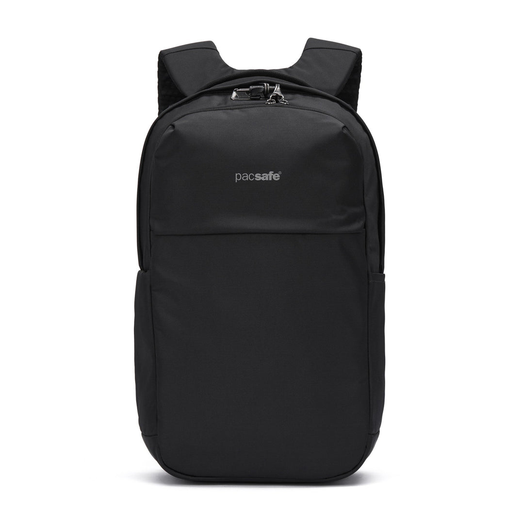 Black backpack with Pacsafe branding on a white background