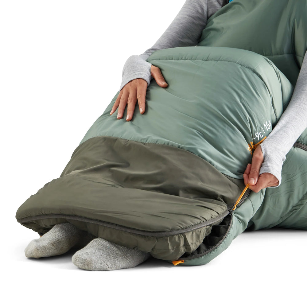Person sitting up in a sleeping bag with their arms and feet sticking out through open zips