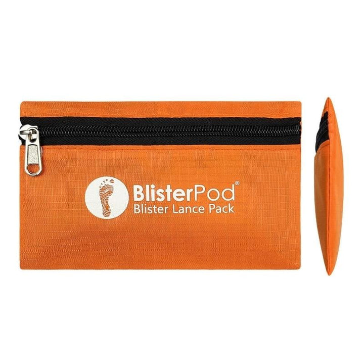 Orange zip pouch with BlisterPod logo viewed from two angles