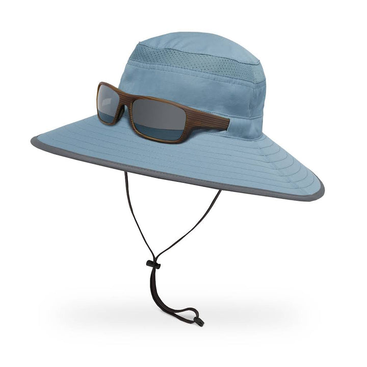 Blue wide-brimmed hat with sunglasses on a white background
