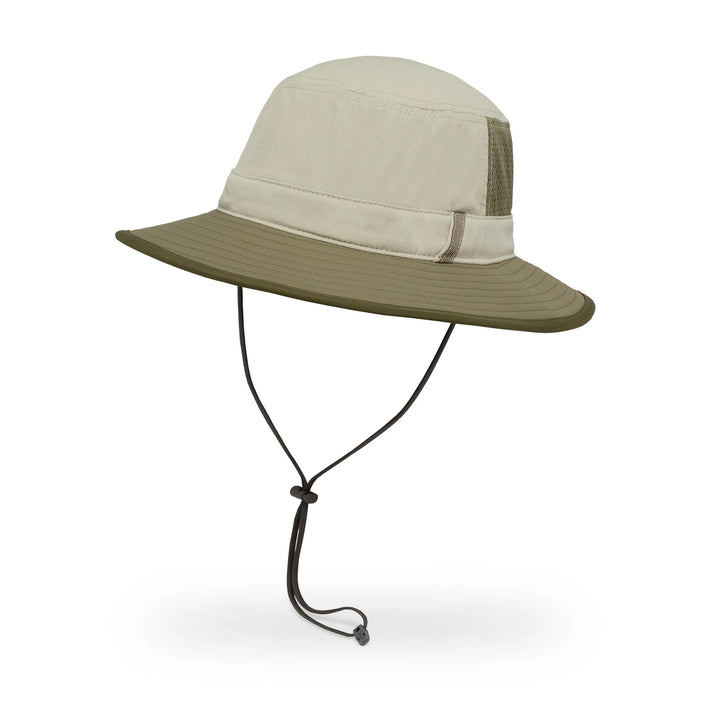 A wide-brimmed sun hat with a light beige crown, an olive green brim, and a matching olive green mesh back panel, featuring a black chin strap.