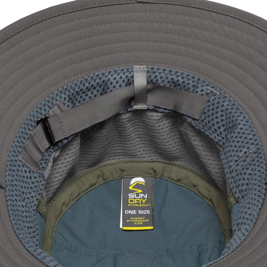 Close-up of a gray hat interior with a visible brand label.