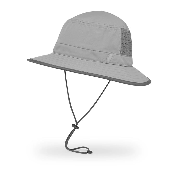 Gray bucket hat with a chin strap on a white background