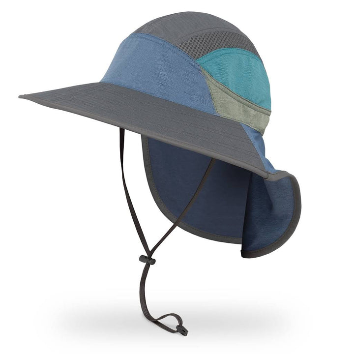 Multicolored sun hat with a chin strap on a white background