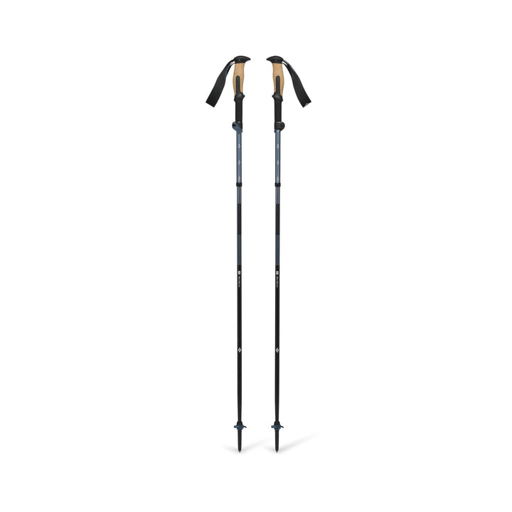 Two black hiking poles on a white background