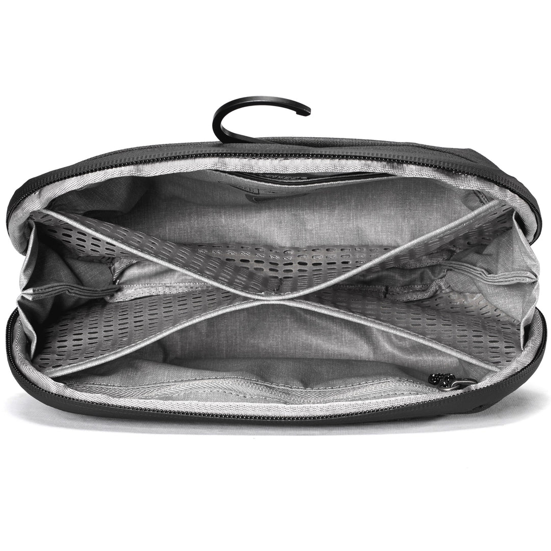 An open black zippered pouch or organizer bag showing a gray interior with multiple zip compartments, mesh pockets, and a black hanging loop at the top, photographed on a white background.