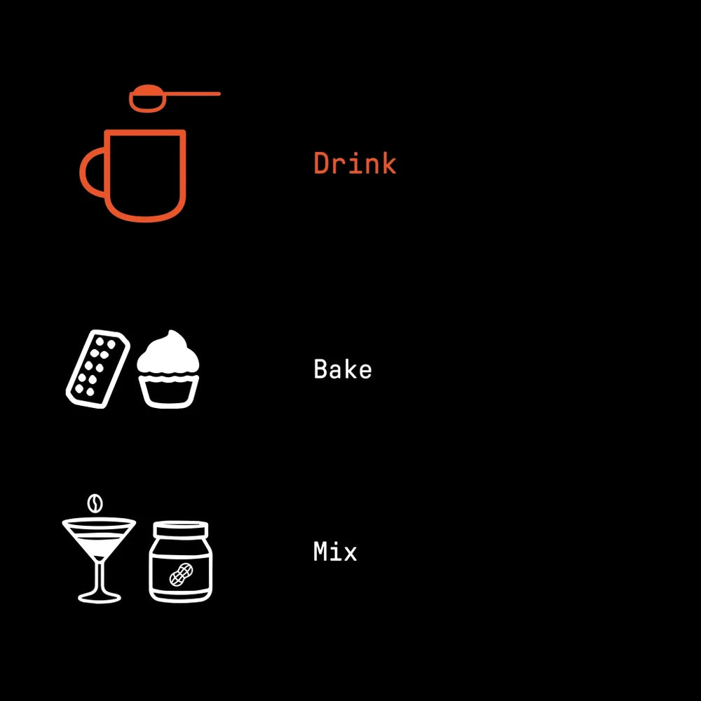 Icons for drink, bake, and mix categories on a black background