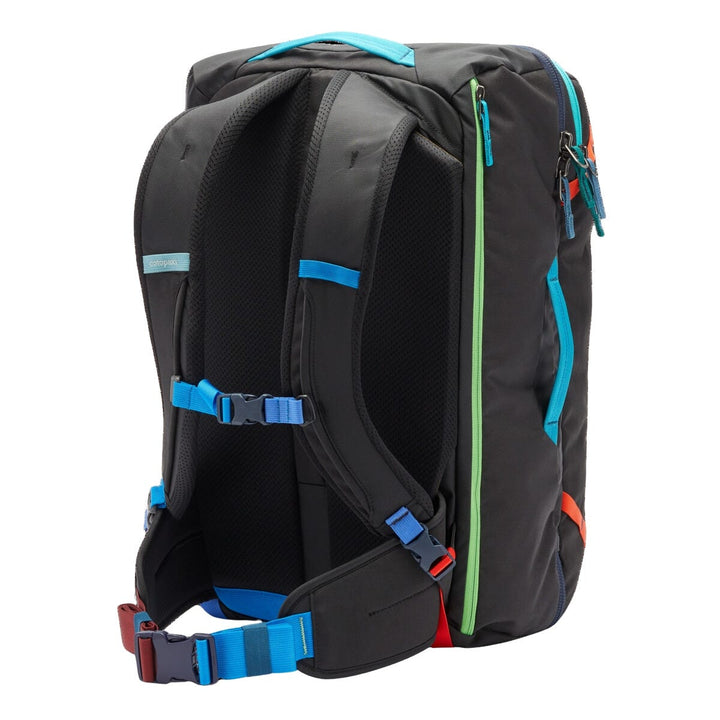 Black backpack with multi-coloured highlights, shoulder straps, and a padded hip belt