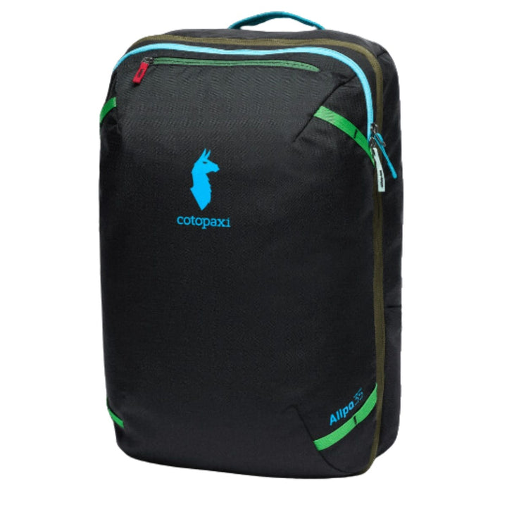 Black backpack with multi-coloured accents, a full length zip, and the Cotopaxi logo