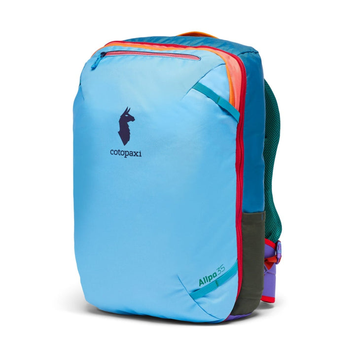 Multi coloured back with a full length zip and the Cotopaxi logo 