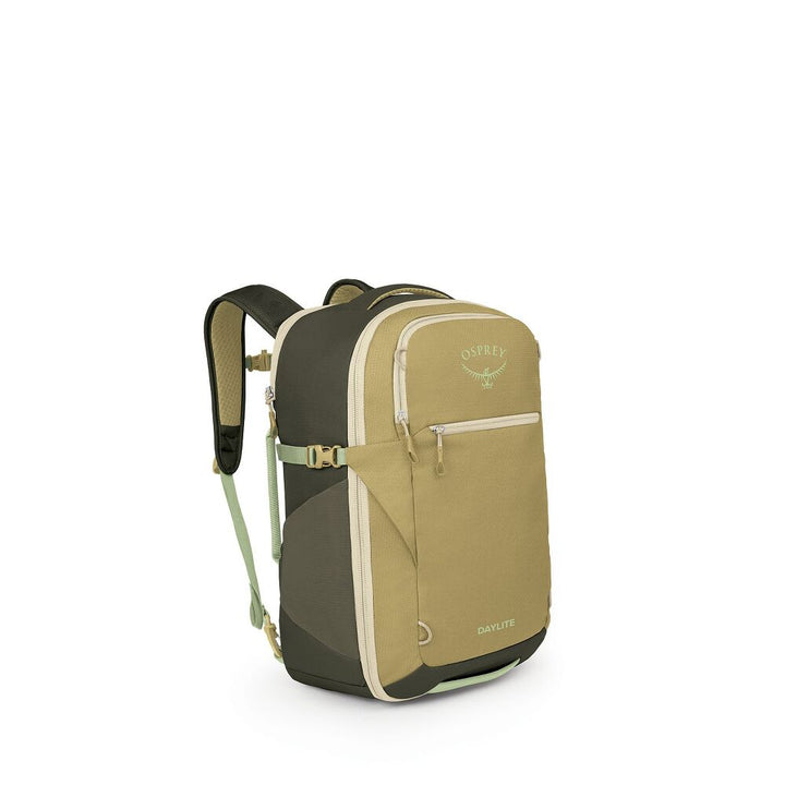 Green and beige backpack on a white background