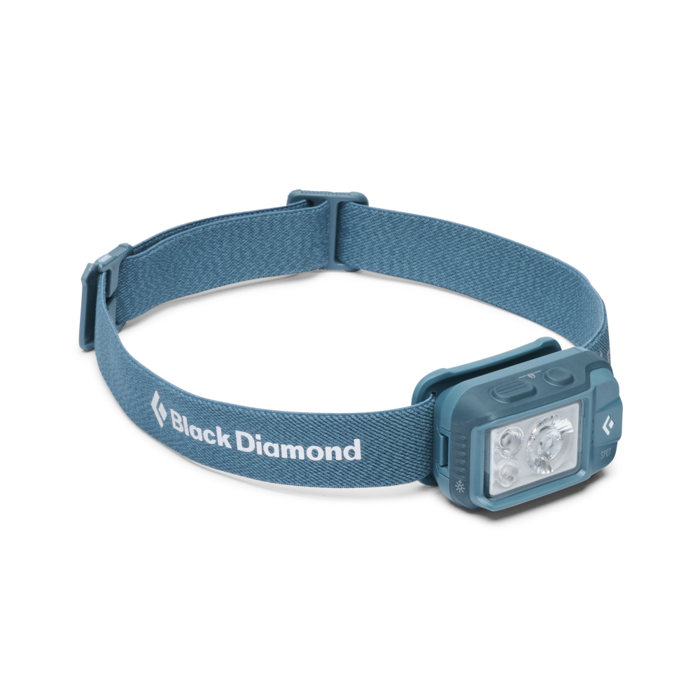 A Black Diamond headlamp with a teal blue adjustable fabric headband and a matching teal blue lamp housing, shown on a clean white background.
