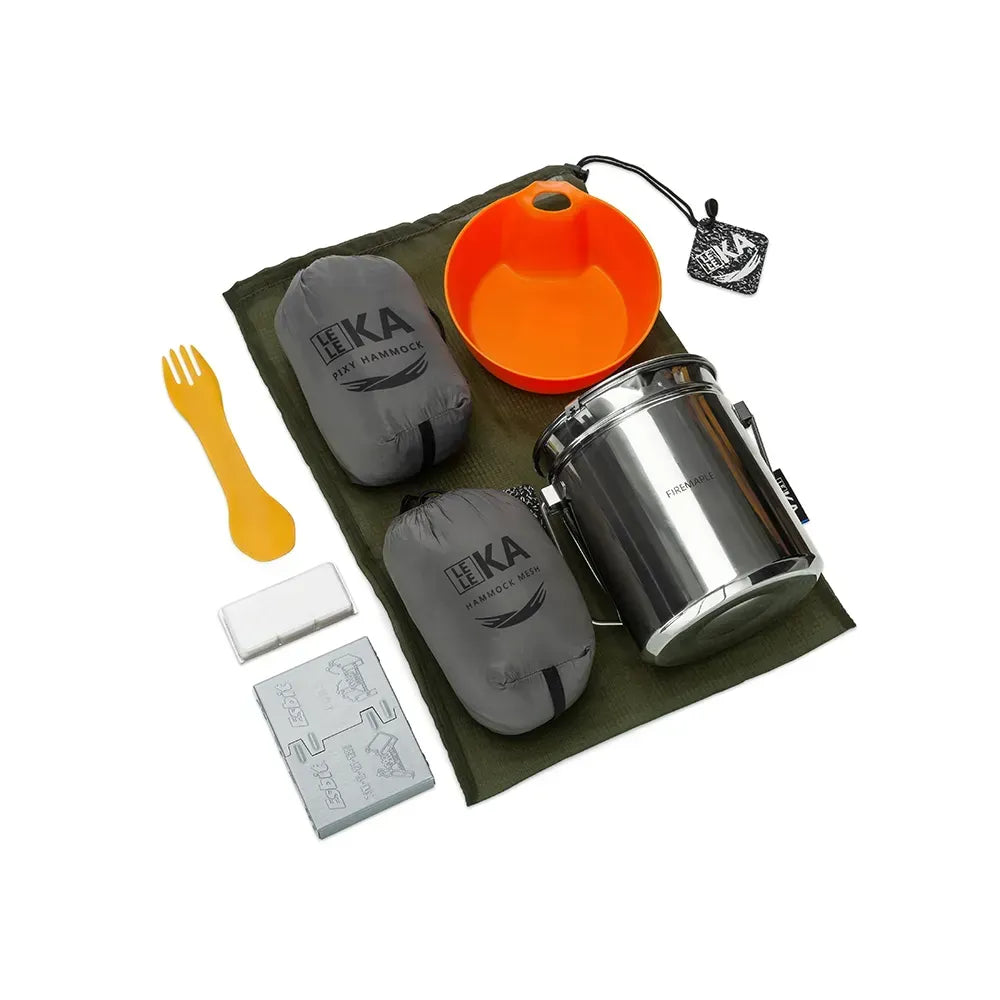A camping gear set laid out on a white background, including two gray packed hammocks, an orange bowl, a stainless steel pot, a yellow fork, a white towel, and a gray boot dry block on an olive green bag. The bags and pot show the LELEKA brand.