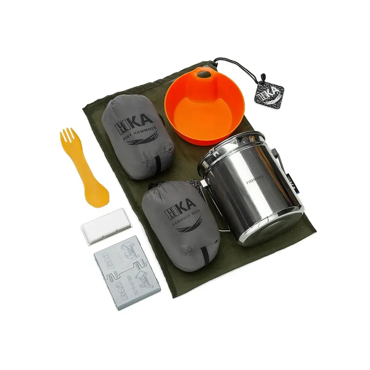 A camping gear set laid out on a white background, including two gray packed hammocks, an orange bowl, a stainless steel pot, a yellow fork, a white towel, and a gray boot dry block on an olive green bag. The bags and pot show the LELEKA brand.