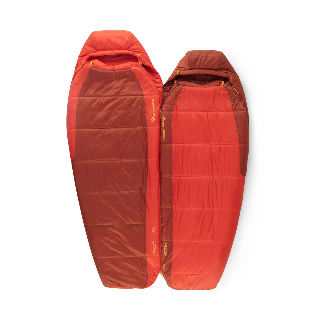 Two sleeping bags, one larger, one smaller, zipped together side-by-side